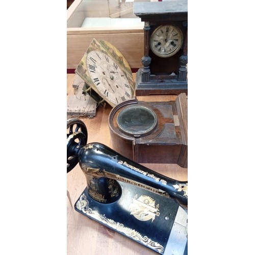 303 - Vintage clocks, sewing machine & J Duncan Turriff grandfather clock face