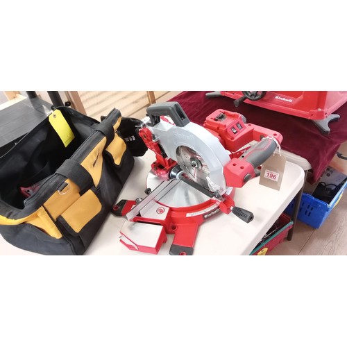 196 - Einhell chop saw TE-NS18/210LI as new plus charger 5 x batteries and multi tool