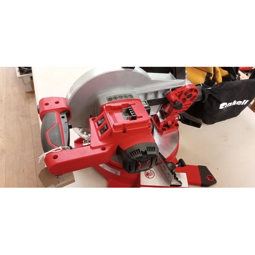 196 - Einhell chop saw TE-NS18/210LI as new plus charger 5 x batteries and multi tool