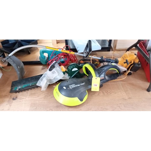 198 - Garden tools inc. McCulloch petrol strimmer, 2 x electric hedge trimmers plus one other