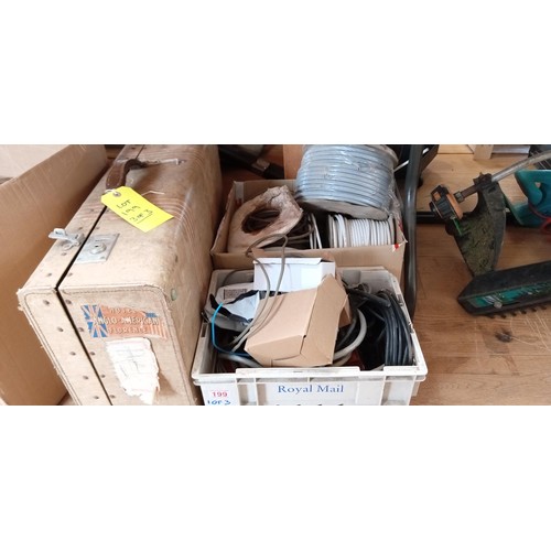 199 - Cable reels etc plus a vintage suitcase with a large selection of work gloves