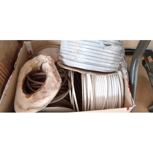 199 - Cable reels etc plus a vintage suitcase with a large selection of work gloves