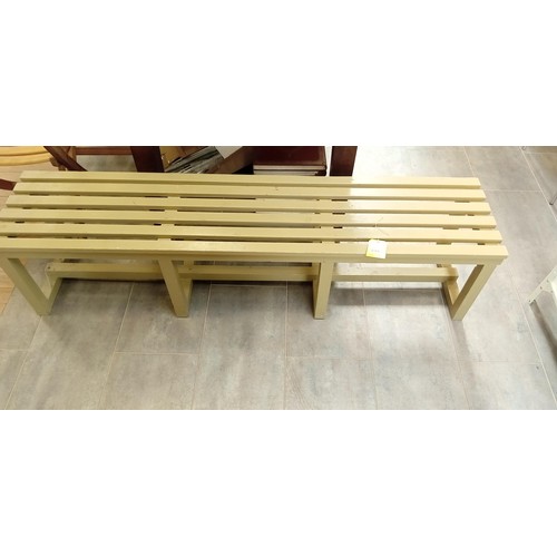 218 - Wooden boot room bench measures 177cm x 40cm x 43cm approx