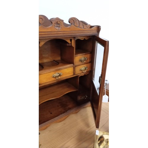 22 - Antique c1890 Victorian freestanding oak smokers cabinet, original key, bevelled glass