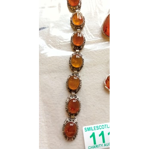 111 - Selection of mainly silver jewellery inc. amber bracelet, pendant and earrings