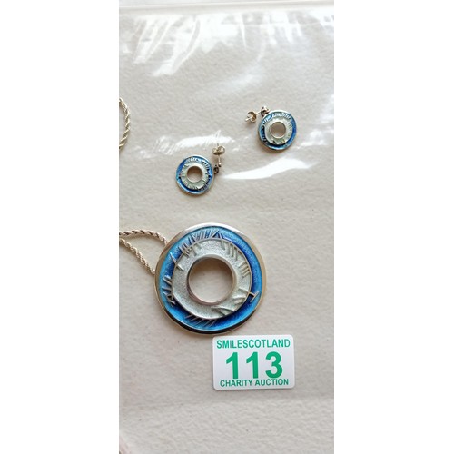 113 - Sheila Fleet sterling silver and enamel pendant on chain with matching earrings