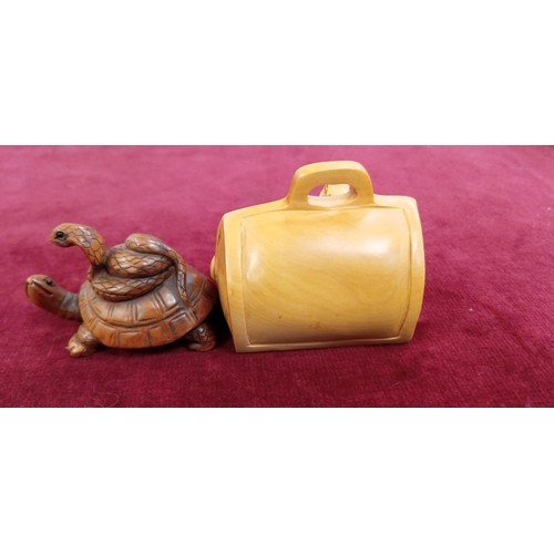 121 - 2x Netsukes (button fasteners) signed inc. tortoise with a snake & mouse/ rat family in a case