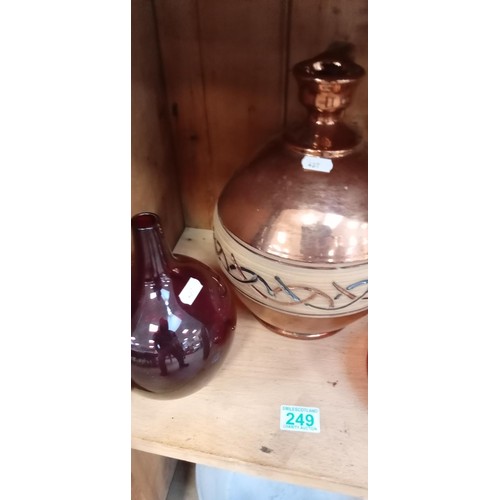 249 - Copper urn vase & 2x red glass vases