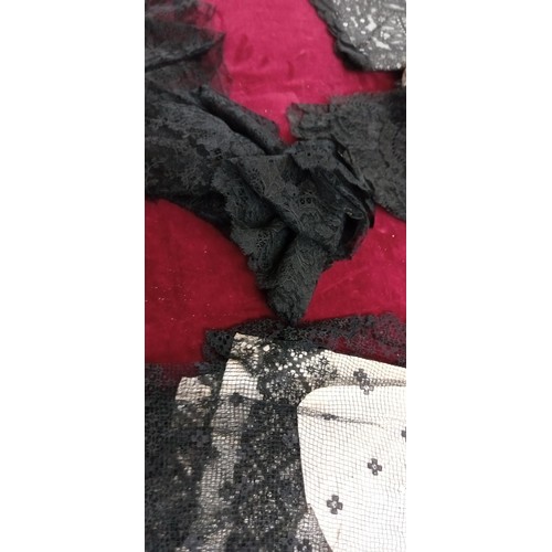 59 - Large selection of antique black lace to include a shawl