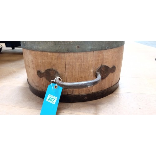 367 - Solid oak bushel with iron handles