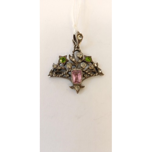 18 - Unmarked suffragette silver (?) pendant with stones 4.2g approx.