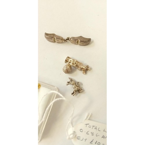 28 - Scrap 9ct gold 0.6g approx. and 3 novelty silver charms