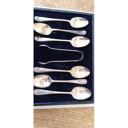 41 - Set of six sterling silver teaspoons & sugar tongs.  Sheffield 1902/1903 by James Deakin & Sons in o... 