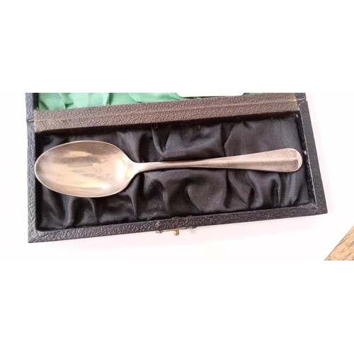 58 - Sterling silver rat tail teaspoon Sheffield 1943 by Kirby Beard Ltd in original box 24.7g approx.