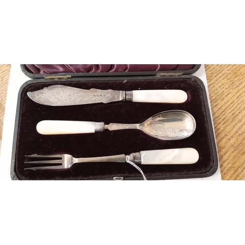 59 - Victorian childs sterling silver & mother of pearl cutlery set.  Sheffield 1891 by James Deakin & So... 