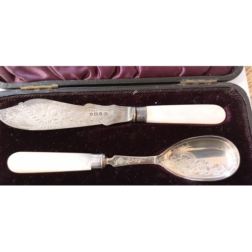 59 - Victorian childs sterling silver & mother of pearl cutlery set.  Sheffield 1891 by James Deakin & So... 