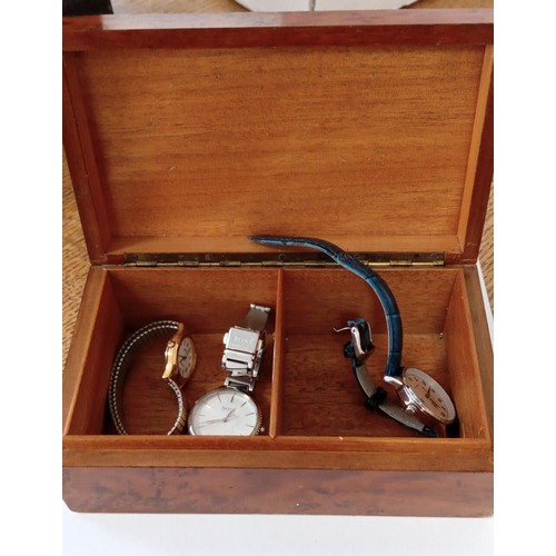 60 - Selection of ladies watches inc. Boss watch in Walnut burr 2 compartment jewellery box