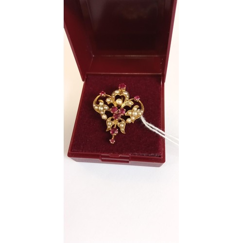 98 - Victorian/ Edwardian unmarked gold, ruby & pearl brooch/ pendant 4g approx.