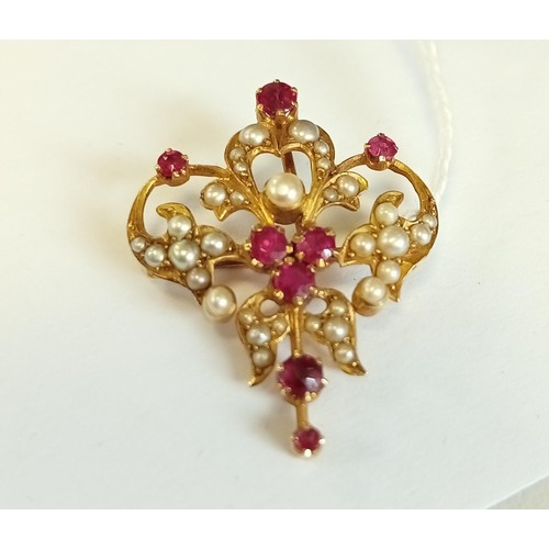 98 - Victorian/ Edwardian unmarked gold, ruby & pearl brooch/ pendant 4g approx.