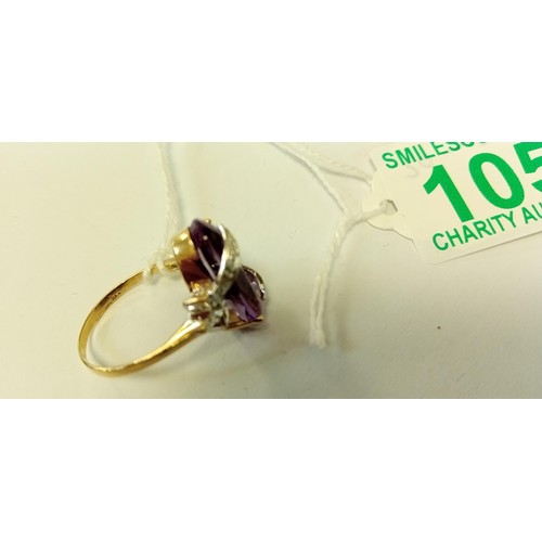 105 - 9ct fully hallmarked gold amethyst & stone chip ring size M 1/2 approx. 3.9g approx.