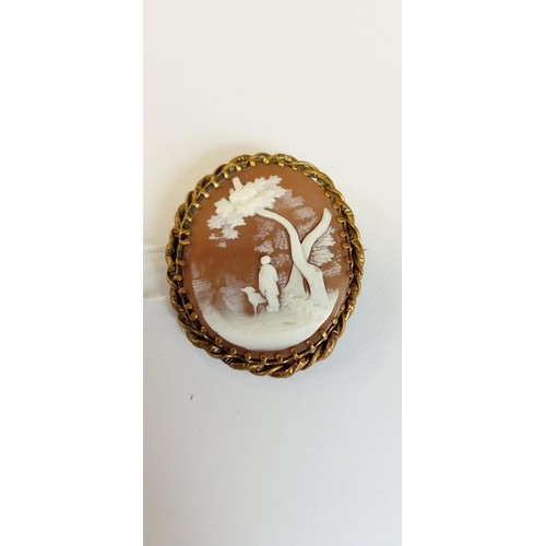 130 - Antique believed gold cameo with man & dog possibly Asian