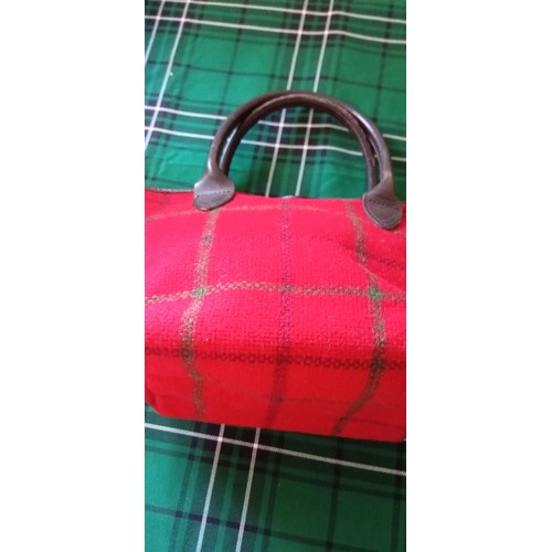 47 - Glenalmond Tweed Company 'Marge' Harris Tweed tote bag in red check with brown leather handles and t... 