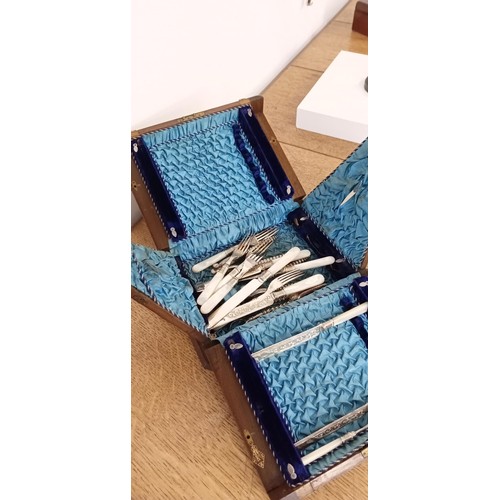 51 - Unusual antique lined pyramid opening style cutlery case with some cutlery and nut crackers