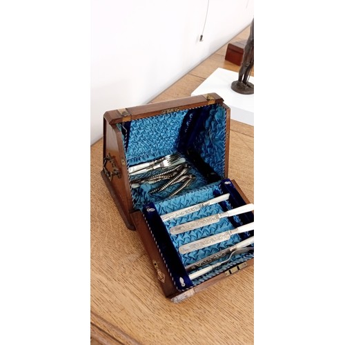 51 - Unusual antique lined pyramid opening style cutlery case with some cutlery and nut crackers