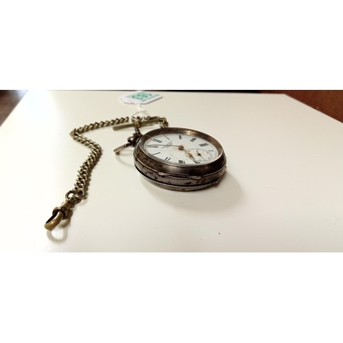 163 - Silver pocket watch by Langdon Davies & Co Birmingham 0.935 hallmarked with key and fob