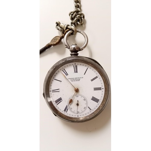 163 - Silver pocket watch by Langdon Davies & Co Birmingham 0.935 hallmarked with key and fob