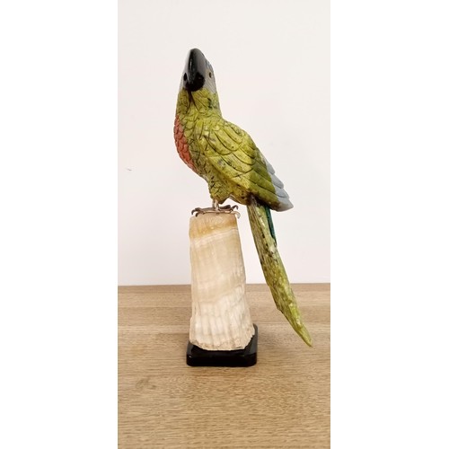 169 - Hand carved semi-precious gemstone parrot sculpture from Peru by artist Cesar Gonzales 30x11x9cm app... 