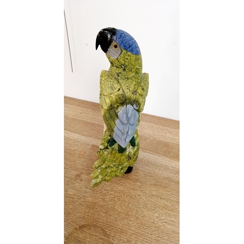 169 - Hand carved semi-precious gemstone parrot sculpture from Peru by artist Cesar Gonzales 30x11x9cm app... 