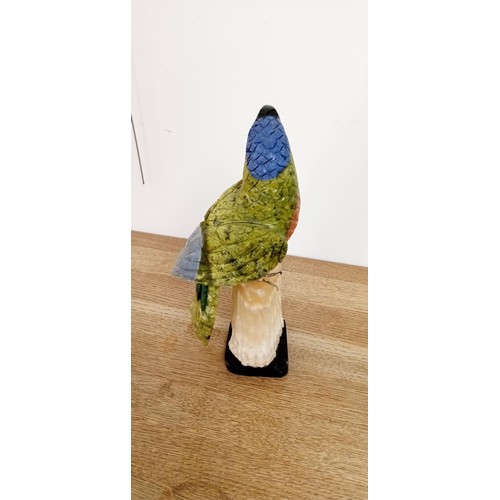 169 - Hand carved semi-precious gemstone parrot sculpture from Peru by artist Cesar Gonzales 30x11x9cm app... 