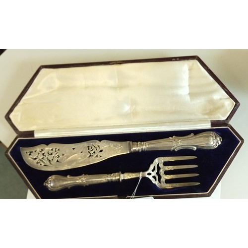 172 - Sterling silver fish serving set in original box.  Sheffield 1849 maker either Aaron Hadfield or Ash... 