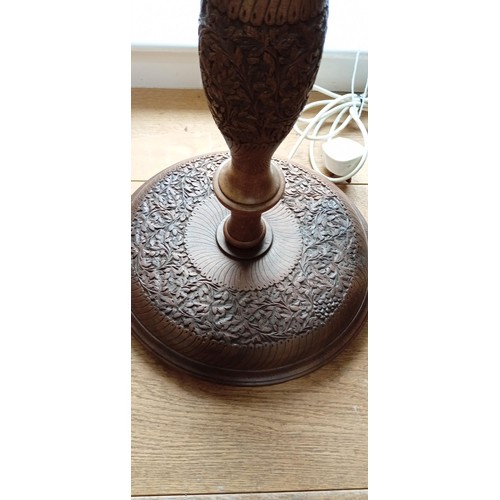 50 - Oriental carved hard wood standard lamp with silk shade