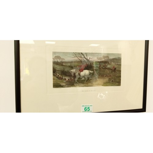 65 - 3 Coloured etchings of hunting scenes Drawing Cover, The Death of the Fox and Full Cry