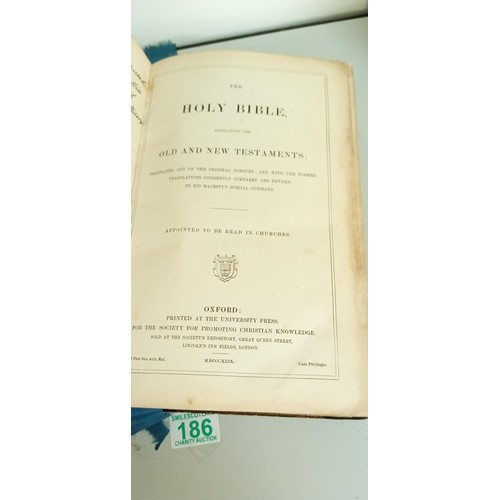 186 - Holy Bible Printed by Oxford University Press, 1849.  Handwritten prayer on inside page.  Bound in b... 