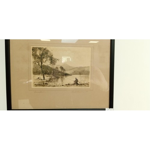 201 - Small etching of riverside fisherman plus signed watercolour