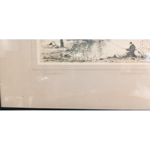 201 - Small etching of riverside fisherman plus signed watercolour