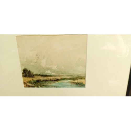 201 - Small etching of riverside fisherman plus signed watercolour