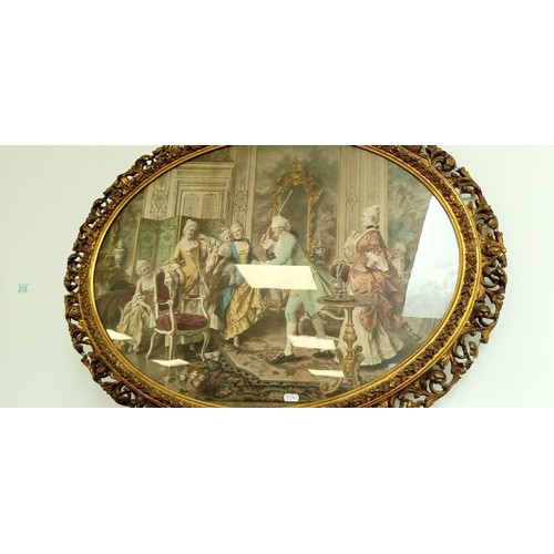 215 - Pair of oval gilt and plaster framed etchings with hand touched painted colour