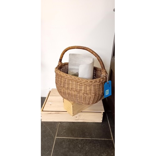 253 - Wicker basket & vintage wine boxes