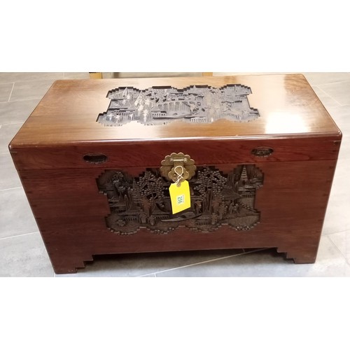 256 - Oriental camphor wood chest with tray 91 x 47 x 52cm approx.