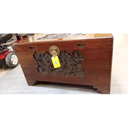 256 - Oriental camphor wood chest with tray 91 x 47 x 52cm approx.