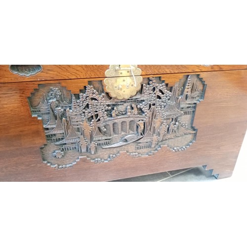 256 - Oriental camphor wood chest with tray 91 x 47 x 52cm approx.