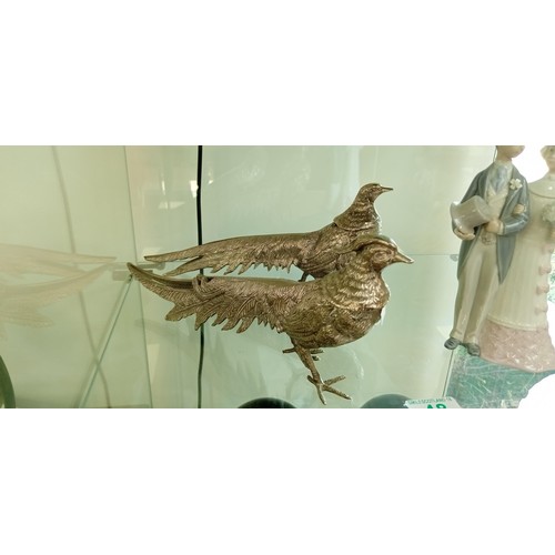 48 - Pair of large white metal pheasants plus Lladro 4808 statue