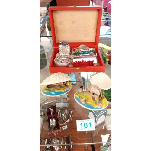 101 - Vintage oriental desk cigarette ashtray and lighter holder plus pair of celluloid 1940s