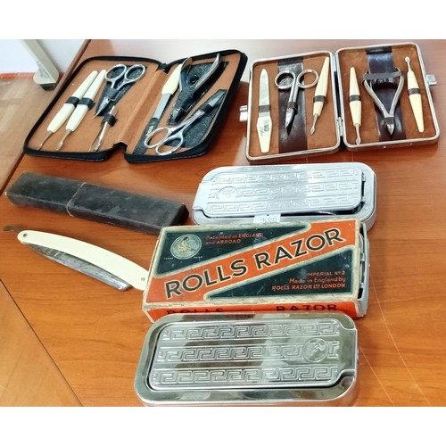 112 - Vintage razors and sharpeners, plus manicure sets