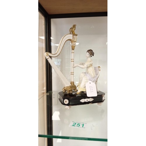 251 - Lady playing the harp, Biscuit & polychromed porcelain