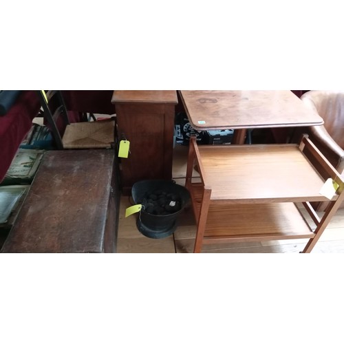 289 - Furniture to include kist, chair, pot cupboard, table, trolley and coal bucket